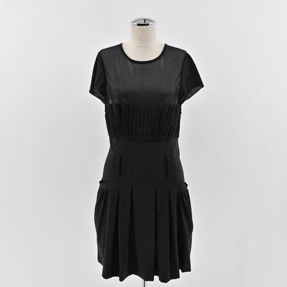 Alice Olivia Black Pleated Dress Size 10 Wool Blend Sheer Short Sleeve Mini - Picture 1 of 13